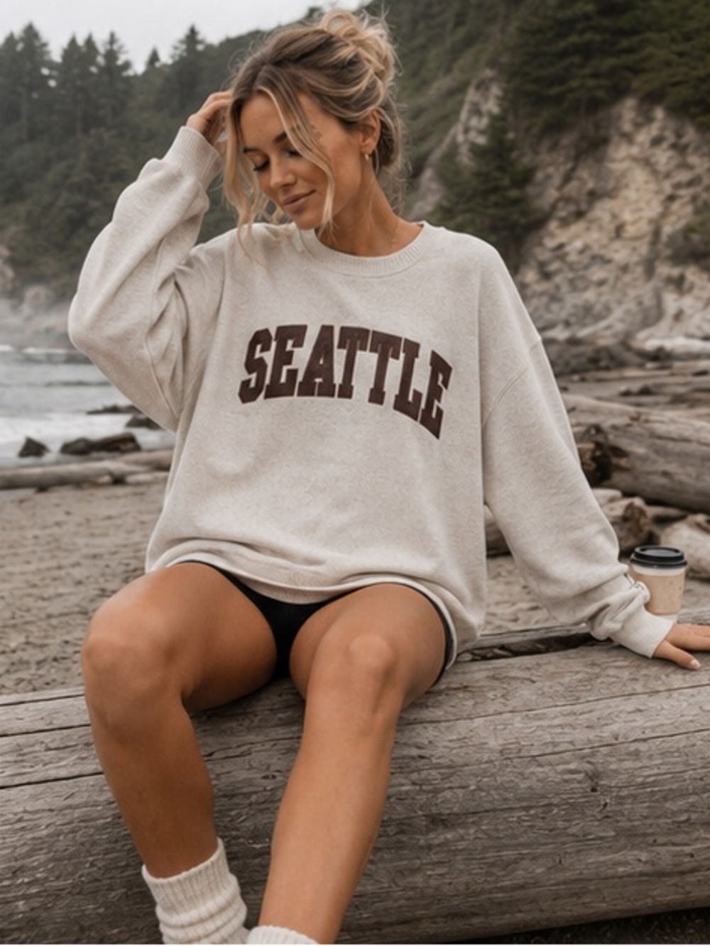 NWT Seattle Oversized Graphic Sweatshirt XL Oatmeal Brown Collegiate Crewneck